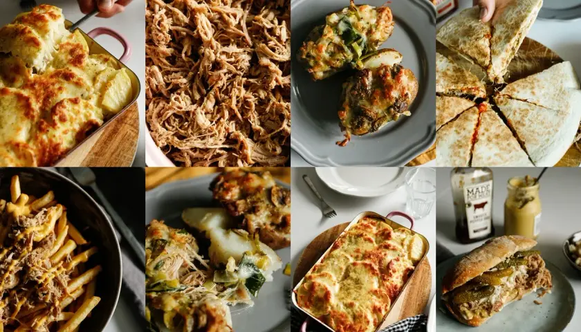 Rwana wieprzowina z piekarnika krok po kroku przepis bez szarpaka: dania z pulled pork, zapiekanka ziemniaczana, frytki z mięsem i kanapka.