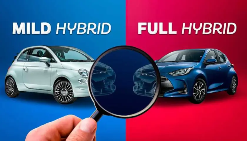 Confronto tra un'auto mild hybrid bianca e una full hybrid blu, analizzate da una lente d'ingrandimento.