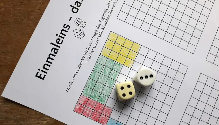 Einmaleins-Spiel: Würfel zeigen Zahlen für das Ausfüllen von Kästchen. Wer füllt zuerst lückenlos aus?