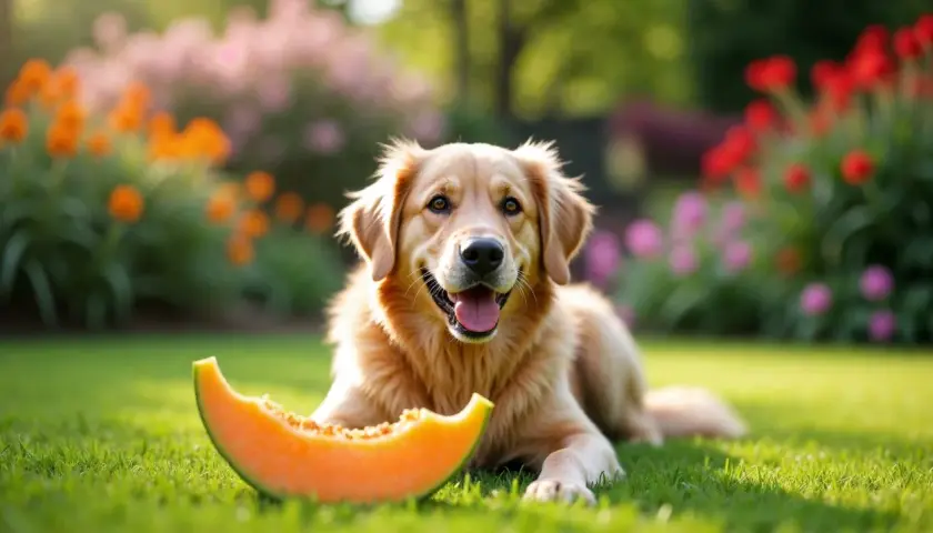 Złoty retriever leży na trawie obok kawałka melona. Czy pies może jeść melona? Ten słodki przysmak jest bezpieczny dla psów w umiarkowanych ilościach.