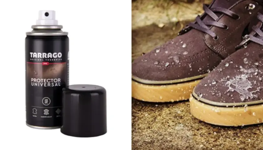 Protector Tarrago para limpiar zapatos piel. Muestra un spray y unos zapatos con gotas de agua.