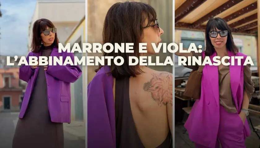 Donna con abito viola e marrone, un abbinamento che esce dalla routine.