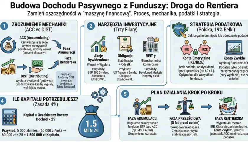 Jak zarobić dużo pieniędzy? Schemat budowy dochodu pasywnego z funduszy: od mechaniki ACC/DIST, przez narzędzia, strategię podatkową, aż po plan działania krok po kroku.