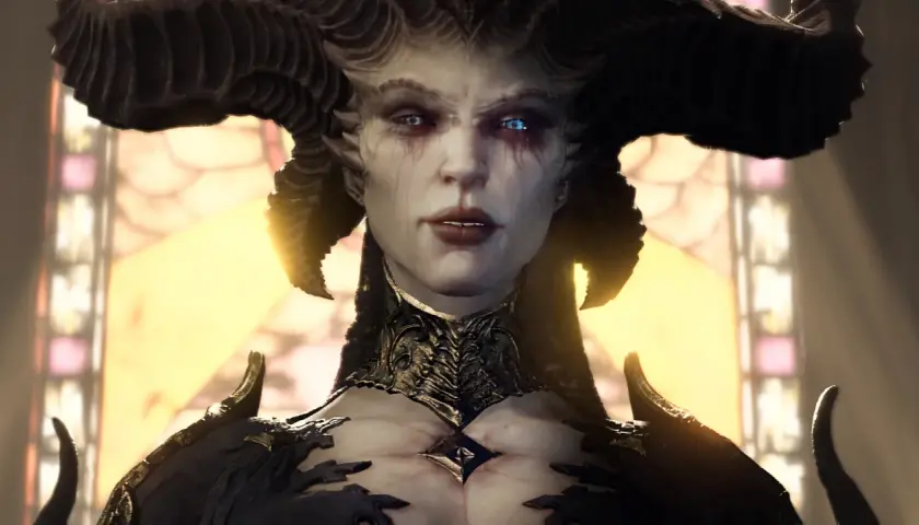 Lilith z Diablo 4, z niebieskimi oczami i krwawiącymi łzami, stoi przed witrażem. Jej ołtarze są kluczem do mocy.