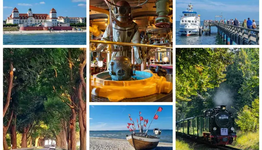 Ein Hotel am Strand, ein Taucherhelm, eine Mole mit Schiff, eine Baumallee, ein Fischerboot und eine Dampflok – Vielfalt auf Rügen, Deutschland.