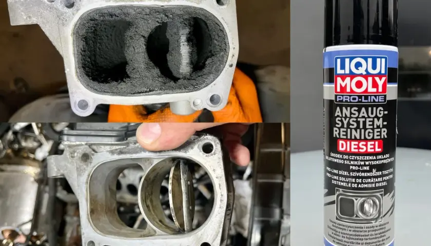 Przed i po czyszczeniu kolektora dolotowego silnika diesla. Puszka Liqui Moly płukanka do silnika diesel.