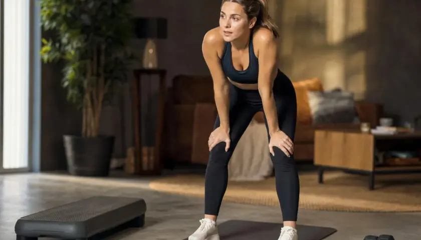 Zmęczona, ale zadowolona kobieta po intensywnym treningu HIIT. Widać, że trening hiit efekty są widoczne.