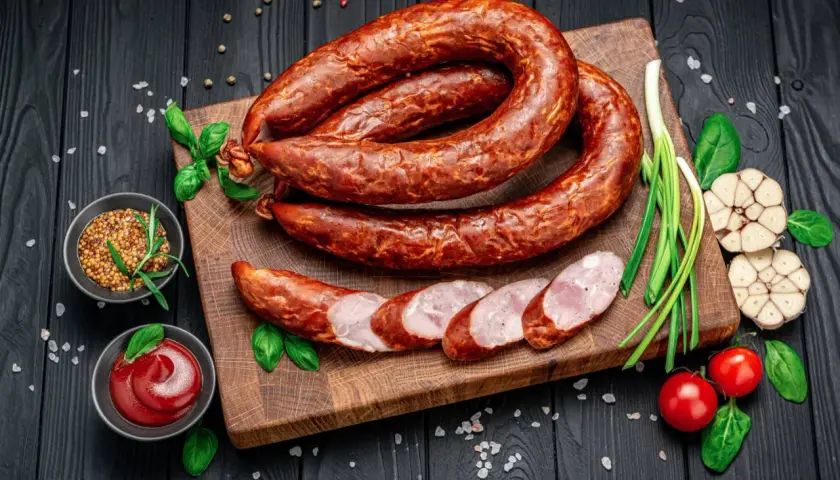 Wędzona kiełbasa na desce, obok czosnek, pomidorki, musztarda i ketchup. Zastanawiasz się, ile majeranku na kilogram kiełbasy?