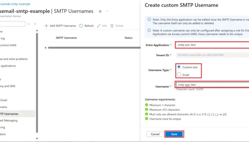 Création d'un nom d'utilisateur SMTP personnalisé pour l'application Entra "smtp-poc-test" dans Azure.