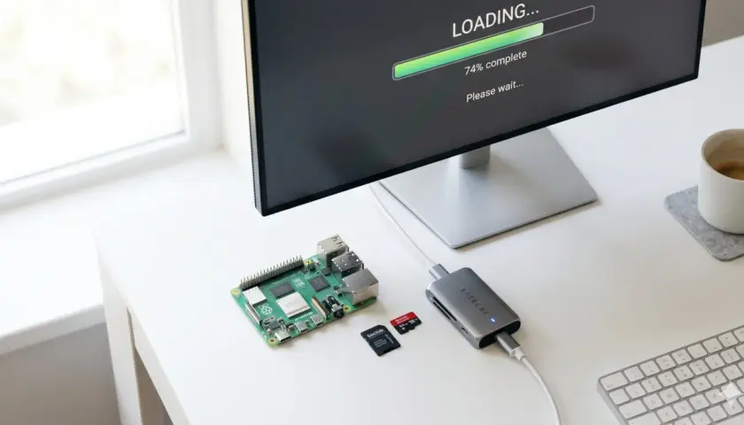 Ein Raspberry Pi, SD-Karten und ein Satechi-Hub liegen bereit. Auf dem Monitor läuft der Raspberry Pi Imager.