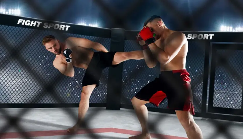 Dwóch zawodników MMA w klatce. Jeden wykonuje kopnięcie, drugi blokuje cios rękawicą.