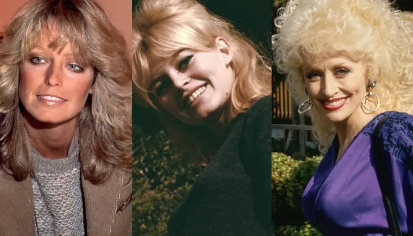 Ikony stylu z lat 80. z bujnymi fryzurami: Farrah Fawcett, Brigitte Bardot i Dolly Parton.