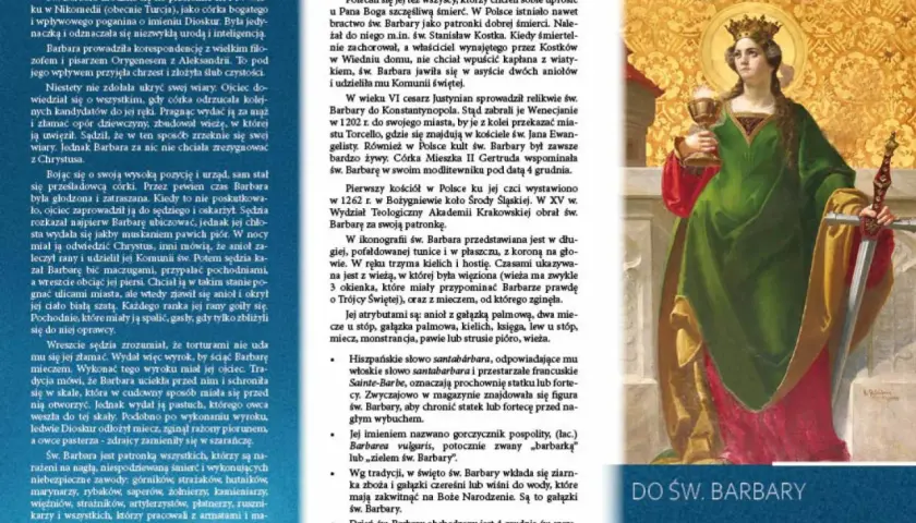 Święta Barbara w zielonej sukni z koroną na głowie, trzymająca kielich i miecz.