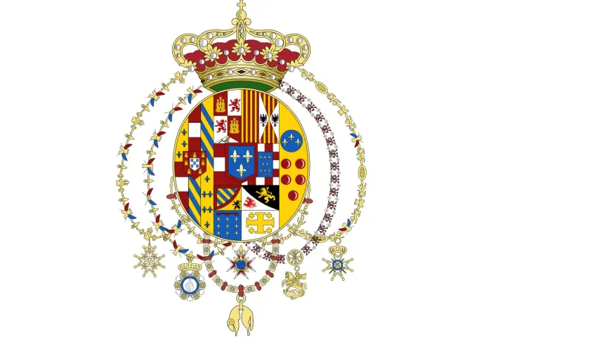 Stemma reale del regno delle due Sicilie, con corona e collane di ordini cavallereschi.