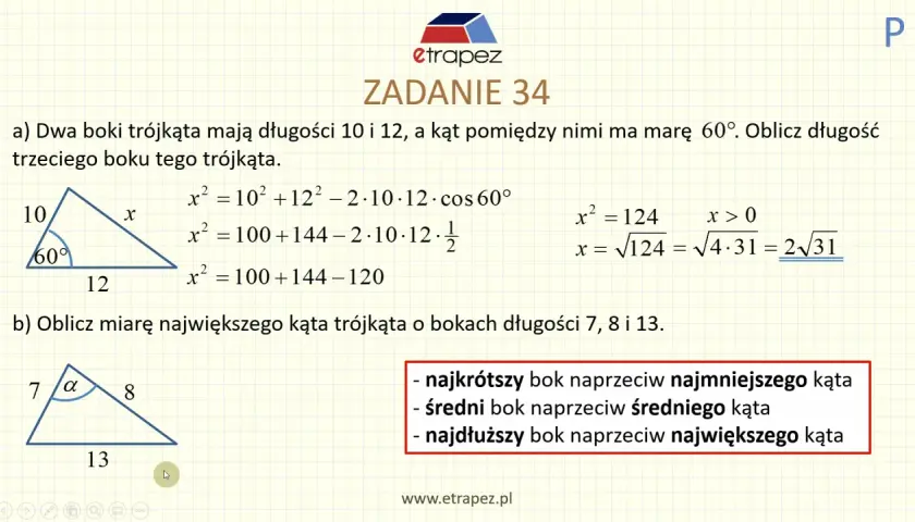 Zadanie 34: Obliczanie boku trójkąta z twierdzenia cosinusów. Przykład a) pokazuje obliczenie boku x.
