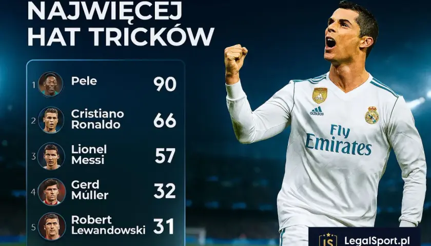 Cristiano Ronaldo z 66 hattrickami na czele listy legend. Co to hattrick? To zdobycie trzech bramek w jednym meczu.