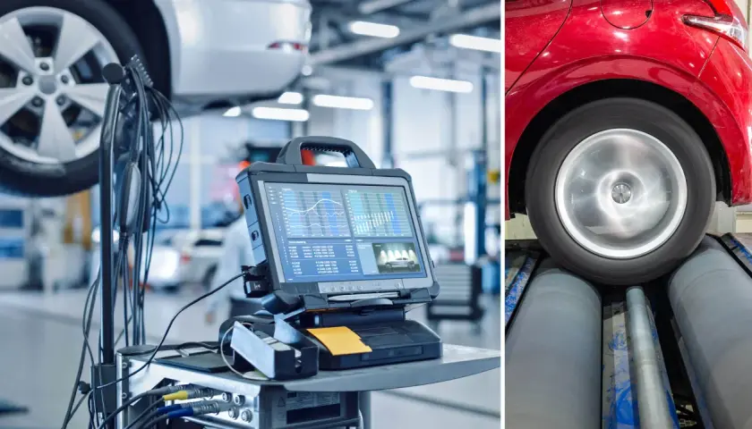 Bilprovning med datoranalys och rullande hjul. Frågan "hur många gånger kan man besikta om bilen" är relevant vid underkänd besiktning.