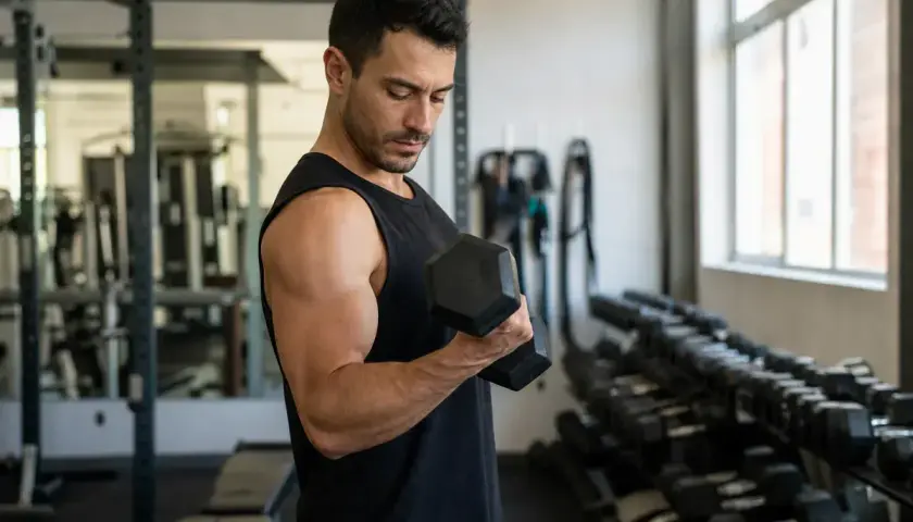 Mężczyzna wykonuje ćwiczenia na biceps z hantlem w siłowni. W tle stojaki z ciężarami.