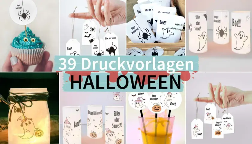 Halloween Deko selber machen: Vorlagen für gruselige Geister, Spinnen & Kürbisse auf Cupcakes, Geschenktüten, Laternen & Anhängern.