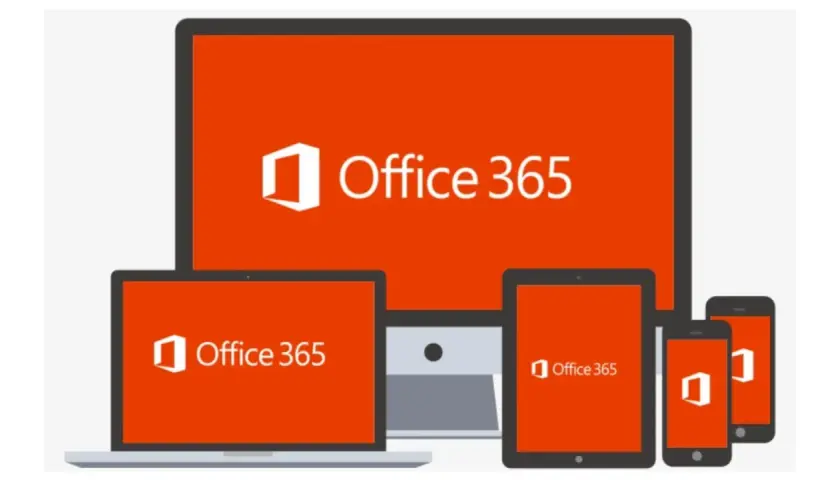 Ensemble d'appareils (ordinateur, tablette, smartphone) affichant le logo et le nom "Office 365", symbolisant l'accès à Microsoft 365 pour le web.