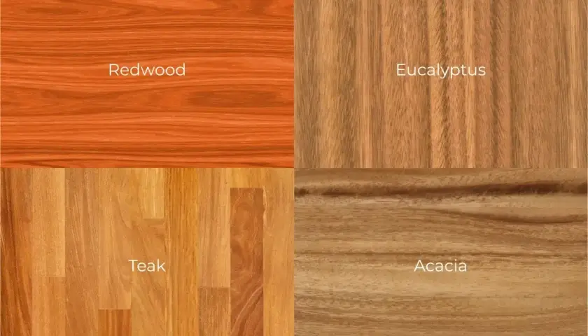 Four wood samples: Redwood, Eucalyptus, Teak, and Acacia. Eucalyptus wood grain is similar to acacia.