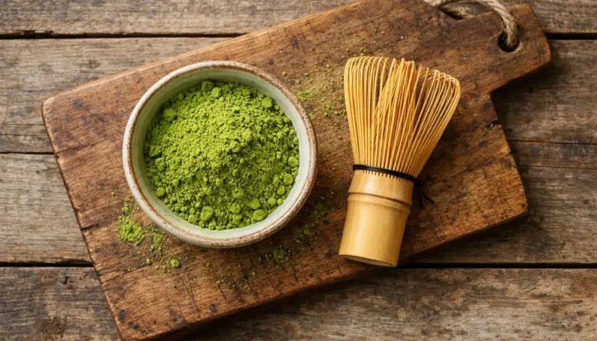 Schüssel mit feinem Matcha-Pulver und Bambusbesen auf Holzbrett. Ideal für ein gesundes Getränk mit wenigen matcha kalorien.