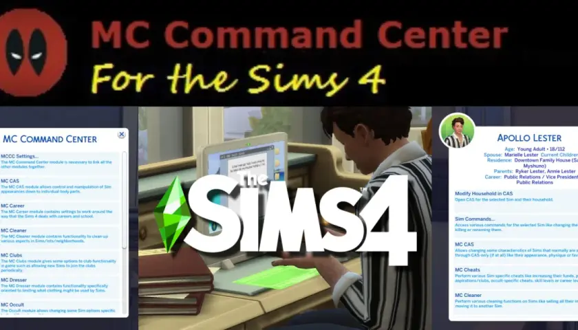 Interfejs MC Command Center w The Sims 4. Widok panelu z opcjami modyfikacji Simów, karier i czyszczenia.