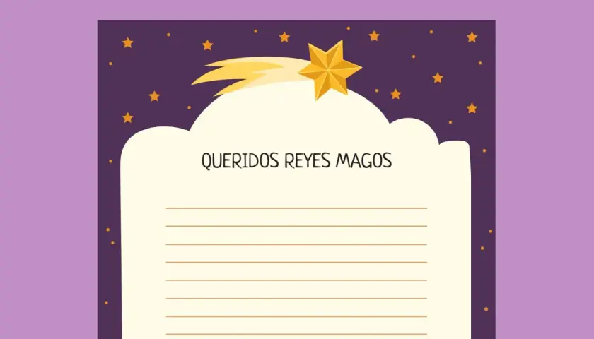 Plantilla para escribir la carta de los Reyes Magos a los niños. Incluye un espacio para escribir y una estrella fugaz en un cielo estrellado.