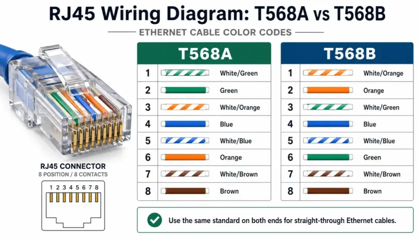 Diagrama de cableado RJ45: T568A vs T568B, mostrando el poe pinout y códigos de colores para cables Ethernet.