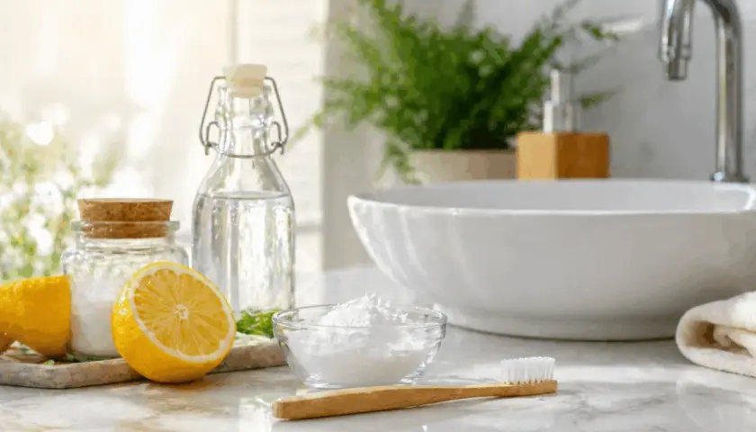 Limone, bicarbonato e aceto per capire come disinfettare lo spazzolino da denti. Un lavandino bianco e una pianta sullo sfondo.
