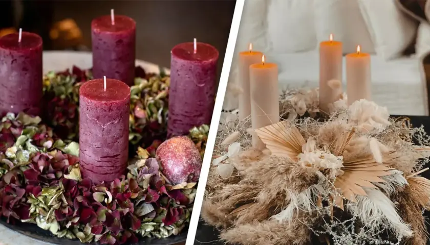 Zwei Adventskranz dekorieren Ideen: Ein Kranz mit dunkelroten Kerzen und getrockneten Hortensien, daneben ein moderner Kranz mit hellen Kerzen und Pampasgras.
