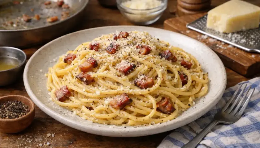 Un plat de spaghetti crémeux, garni de lardons croustillants et de parmesan râpé, évoquant une délicieuse sauce carbonara.