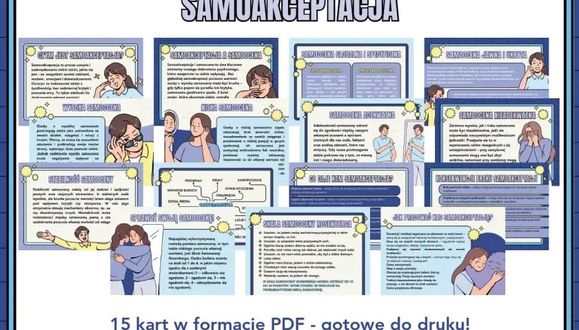 Samoakceptacja definicja: obraz przedstawia 15 kart z informacjami o samoakceptacji, samoocenie i sposobach pracy nad sobą.
