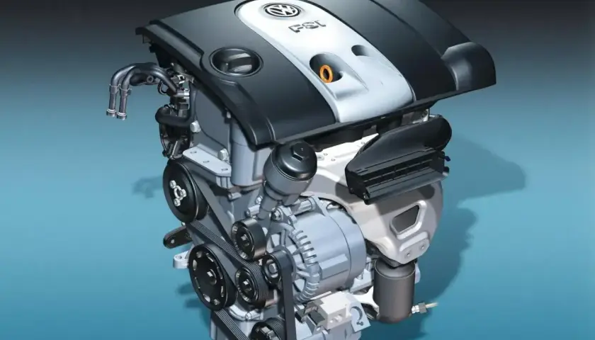 Silnik Volkswagen 1.6 MPI z widocznymi paskami, alternatorem i osłoną.