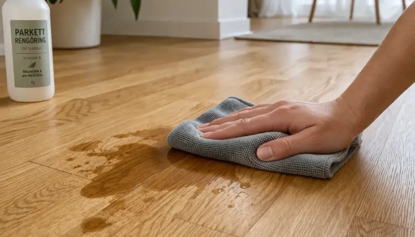En hand torkar upp spill på ett parkettgolv med en mikrofiberduk. Flaskan med parkettrengöring står bredvid, ett klassiskt husmorstips för att hålla golvet rent.