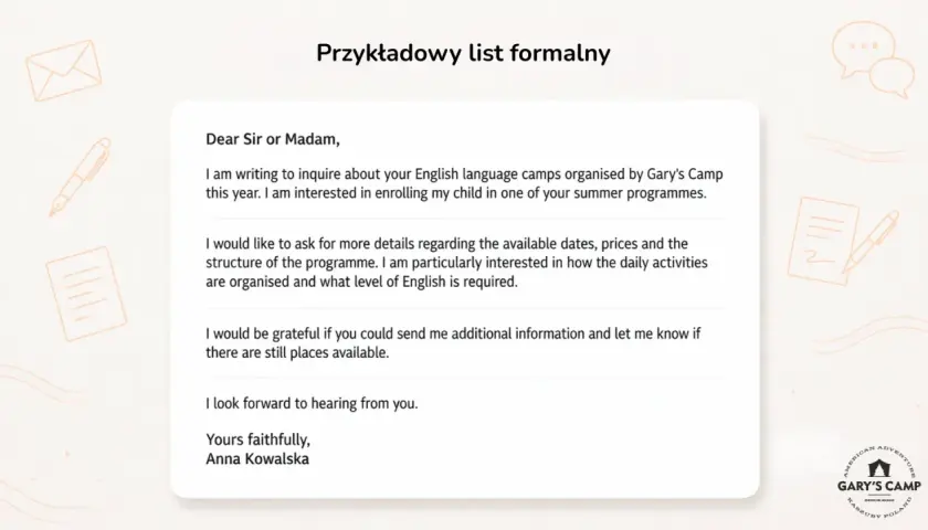 Przykładowy list formalny, jak się pisze artykuł angielski. Zapytanie o obóz językowy, daty, ceny i program.