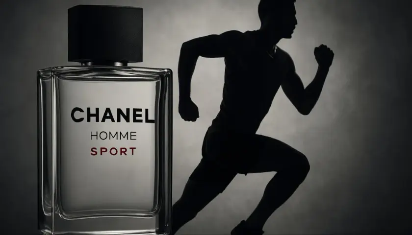 Chanel Homme Sport Flakon neben Silhouette eines Mannes beim Laufen.