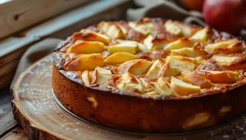 Gâteau yaourt pomme doré, garni de quartiers de pommes caramélisés, saupoudré de sucre glace, sur un plateau en bois rustique.