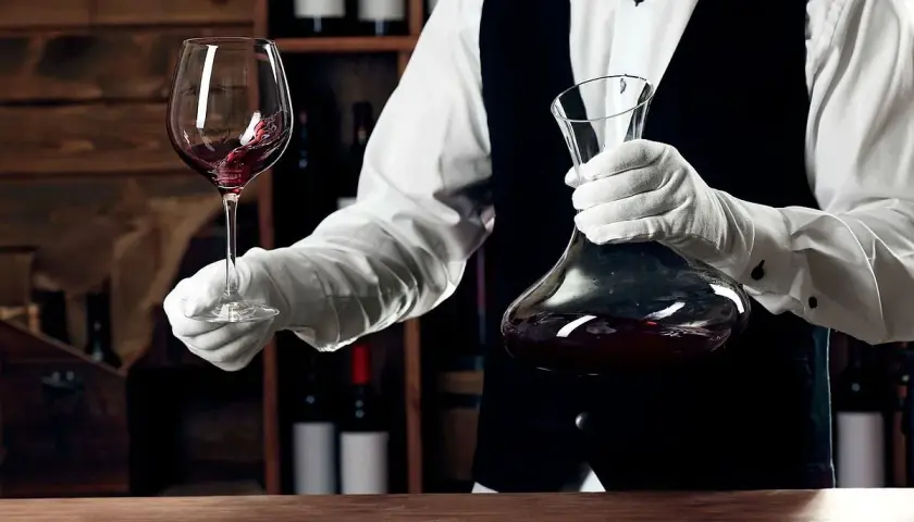 Kellner mit Handschuhen hält Weinglas und Karaffe. Eine Flasche Wein ergibt etwa 5 Gläser.