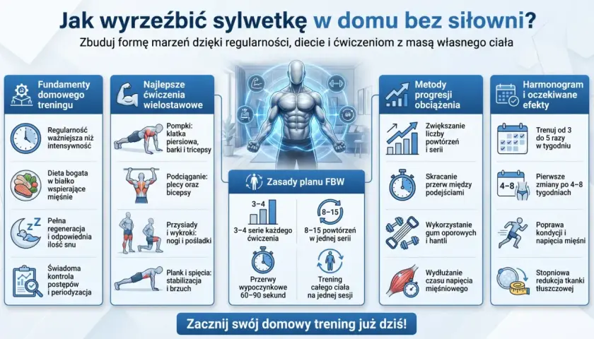 Ilustracja pokazuje zasady ćwiczeń ogólnorozwojowych w domu: fundamenty treningu, ćwiczenia wielostawowe, zasady FBW, metody progresji i harmonogram.