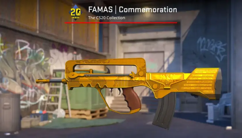 Złoty FAMAS | Commemoration z kolekcji CS20, ozdobiony mapami i motywami.
