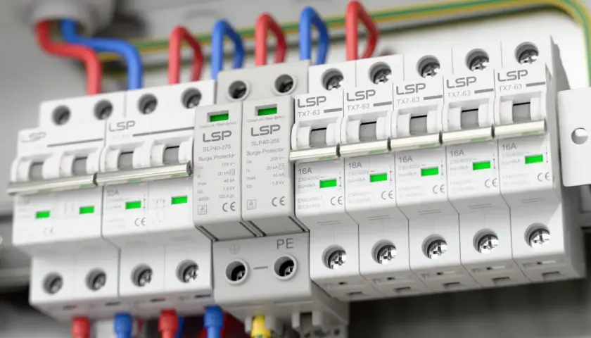Zabezpieczenie przeciwprzepięciowe LSP chroni instalację elektryczną przed nagłymi skokami napięcia. Widać tu kilka modułów zabezpieczających.