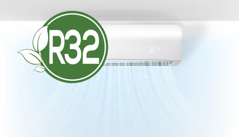 Aire acondicionado con símbolo de hoja y R32. El gas R32 es una alternativa ecológica, no prohibido.