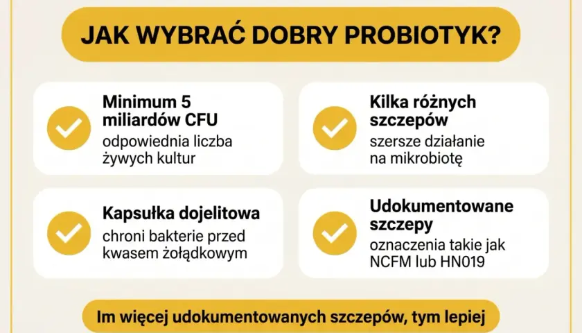 Wybierasz probiotyk dla dorosłych? Zwróć uwagę na minimum 5 mld CFU, kapsułkę dojelitową, kilka szczepów i udokumentowane szczepy.