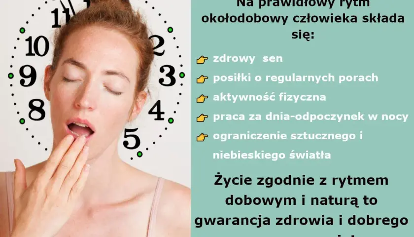 Kobieta ziewa, a wokół jej głowy widnieje zegar. Obraz podkreśla znaczenie rytmu okołodobowego dla zdrowia.