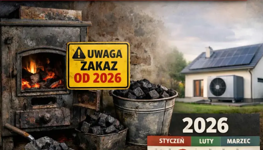 Stary piec i węgiel kamienny obok znaku "Uwaga zakaz od 2026". Nowoczesny dom z panelami słonecznymi w tle. Czy w kominku można palić węglem kamiennym?