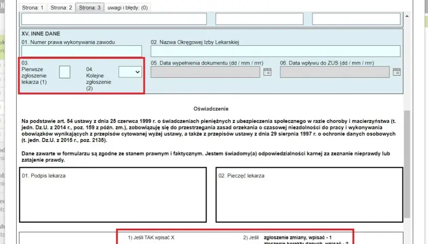 Formularz elektroniczny z polami do wypełnienia, w tym sekcja "XV. INNE DANE" dotycząca zgłoszenia lekarskiego.