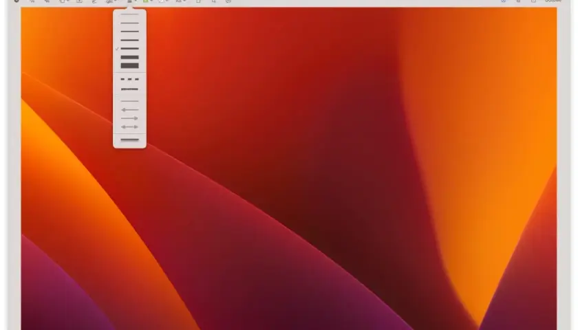 Print screen z menu wyboru grubości linii i strzałek na tle gradientu czerwono-pomarańczowego.