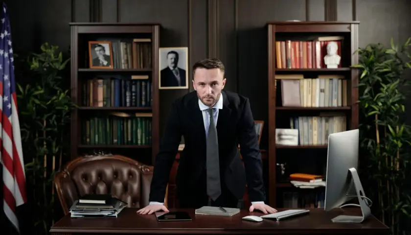 Un homme en costume se tient derrière un bureau, prêt à rendre un jugement contradictoire. Des livres et un drapeau américain ornent la pièce.