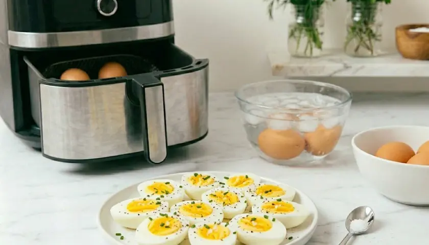 Uova sode in friggitrice ad aria pronte per essere gustate. Un modo facile e veloce per preparare un pasto sano.